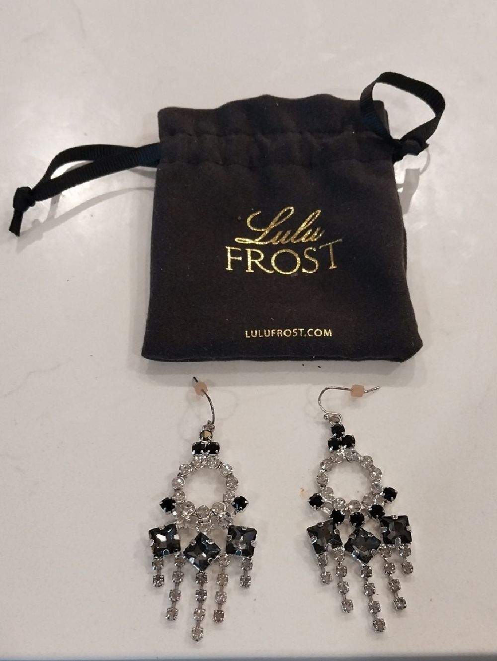 Lulu Frost Black and Silver Crystal Chandelier Earrings And Pouch